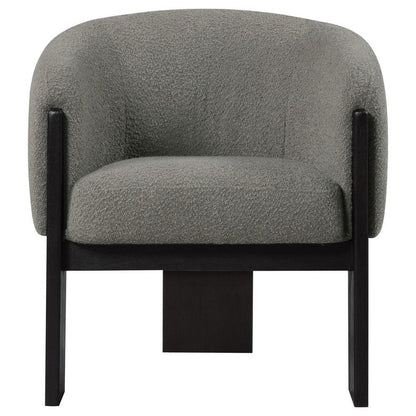 Benjara Vala Accent Chair, Modern Plush Gray Boucle Barrel Back, Black Wood