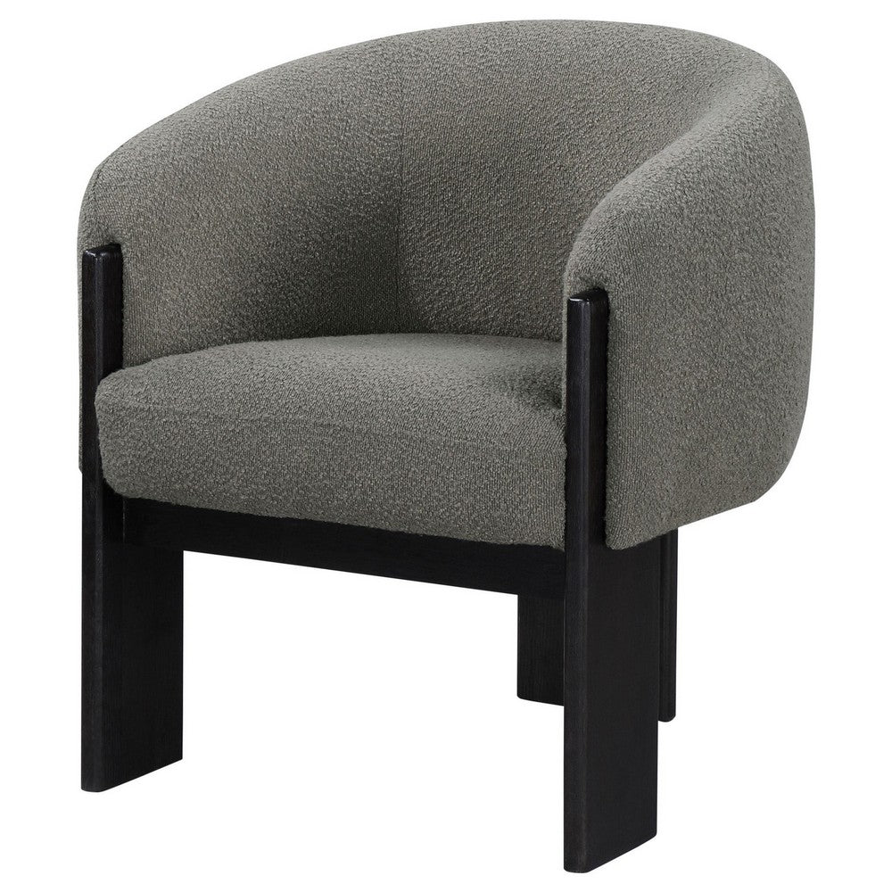 Benjara Vala Accent Chair, Modern Plush Gray Boucle Barrel Back, Black Wood