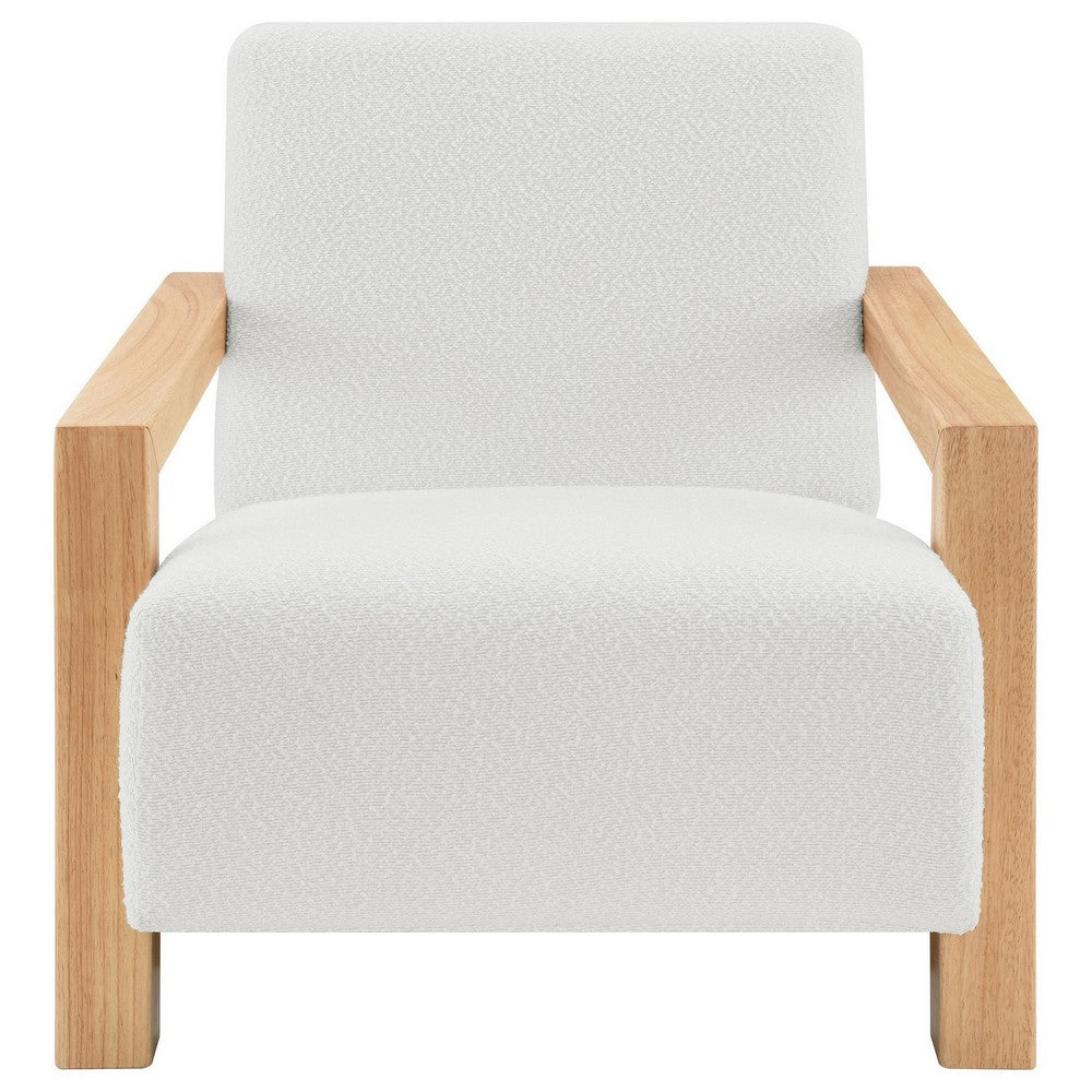 Benjara Fitz Accent Chair, Soft Ivory Boucle Cushions, Natural Brown Wood