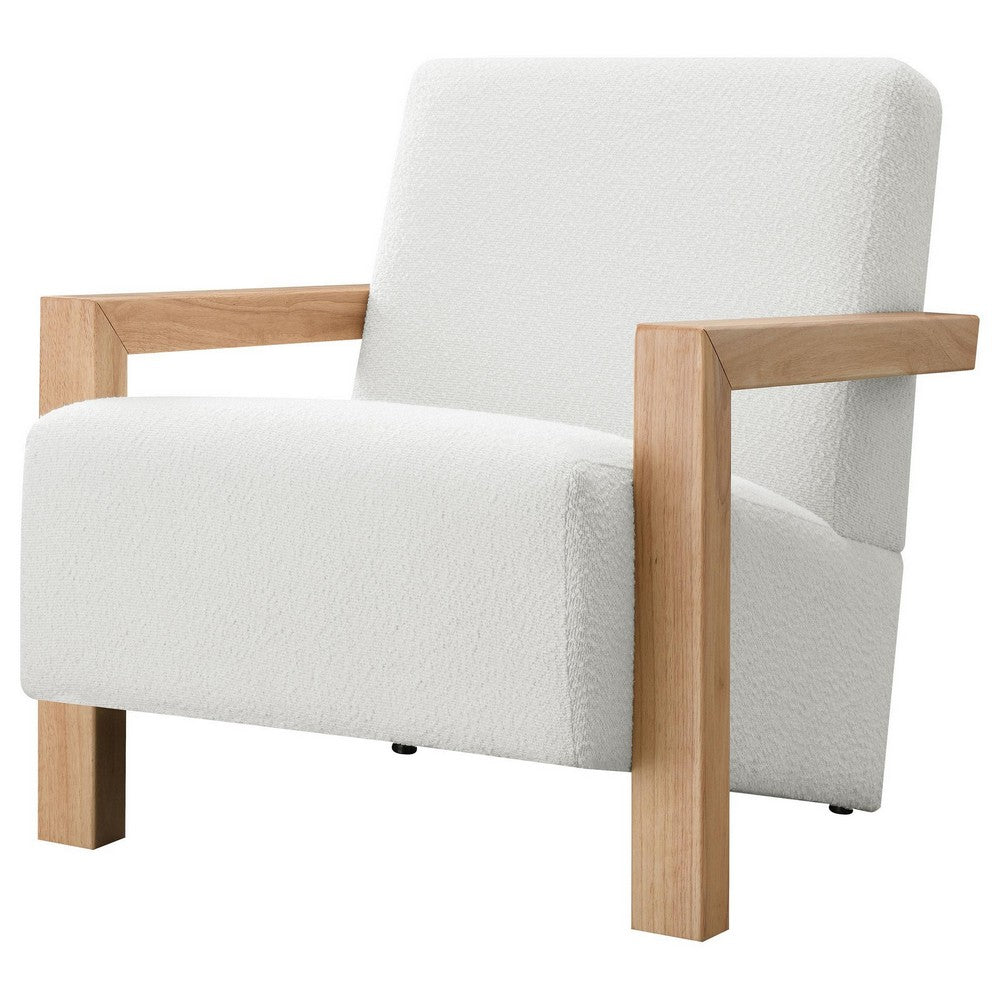 Benjara Fitz Accent Chair, Soft Ivory Boucle Cushions, Natural Brown Wood