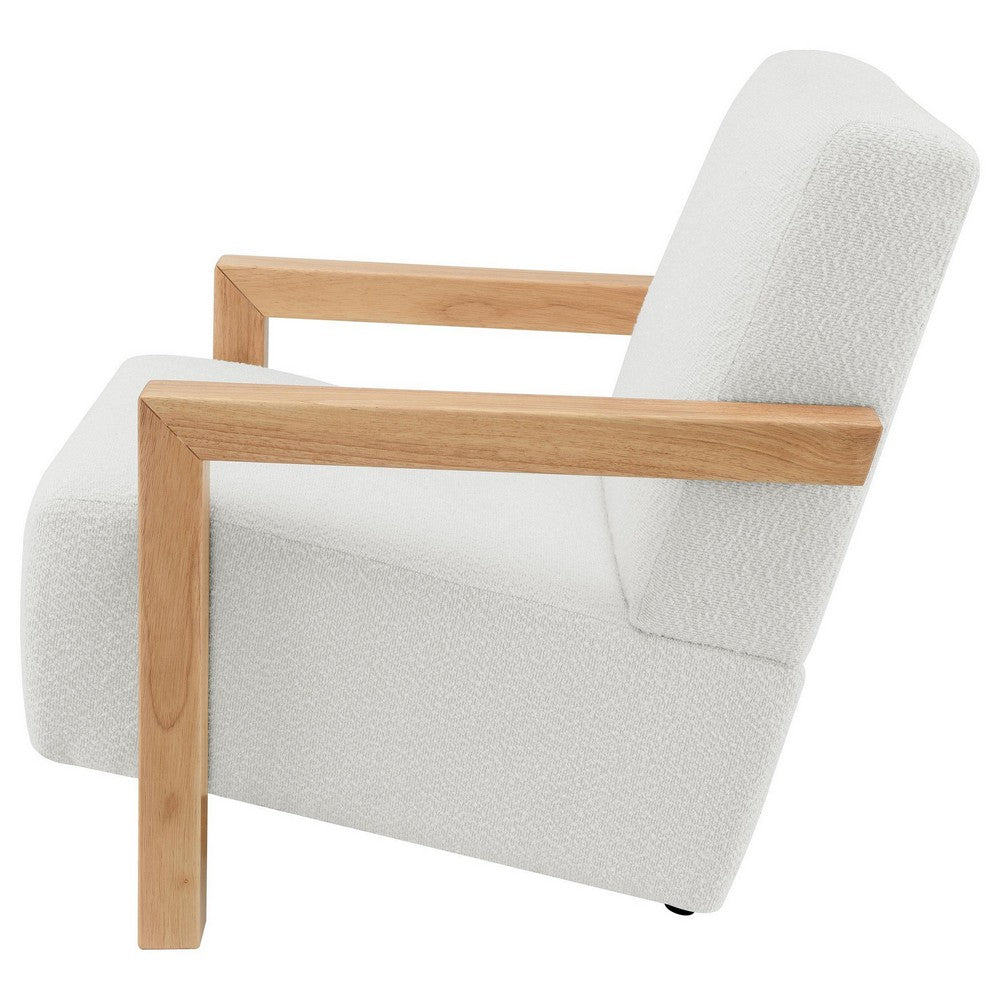 Benjara Fitz Accent Chair, Soft Ivory Boucle Cushions, Natural Brown Wood