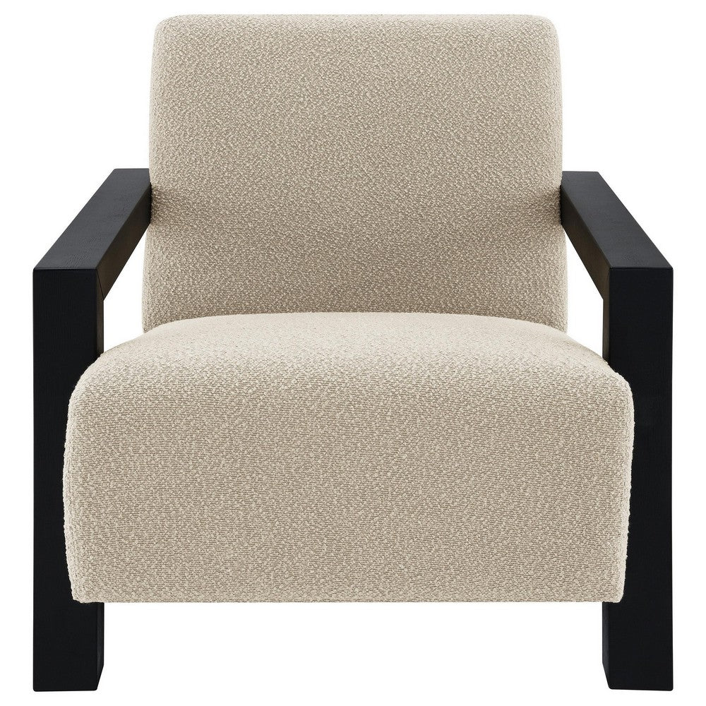 Benjara Fitz Accent Chair, Soft Latte Beige Boucle Cushions, Black Wood Arms