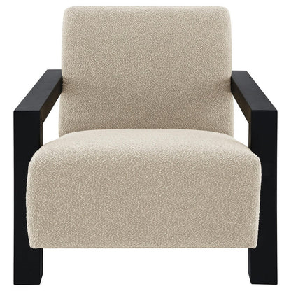 Benjara Fitz Accent Chair, Soft Latte Beige Boucle Cushions, Black Wood Arms
