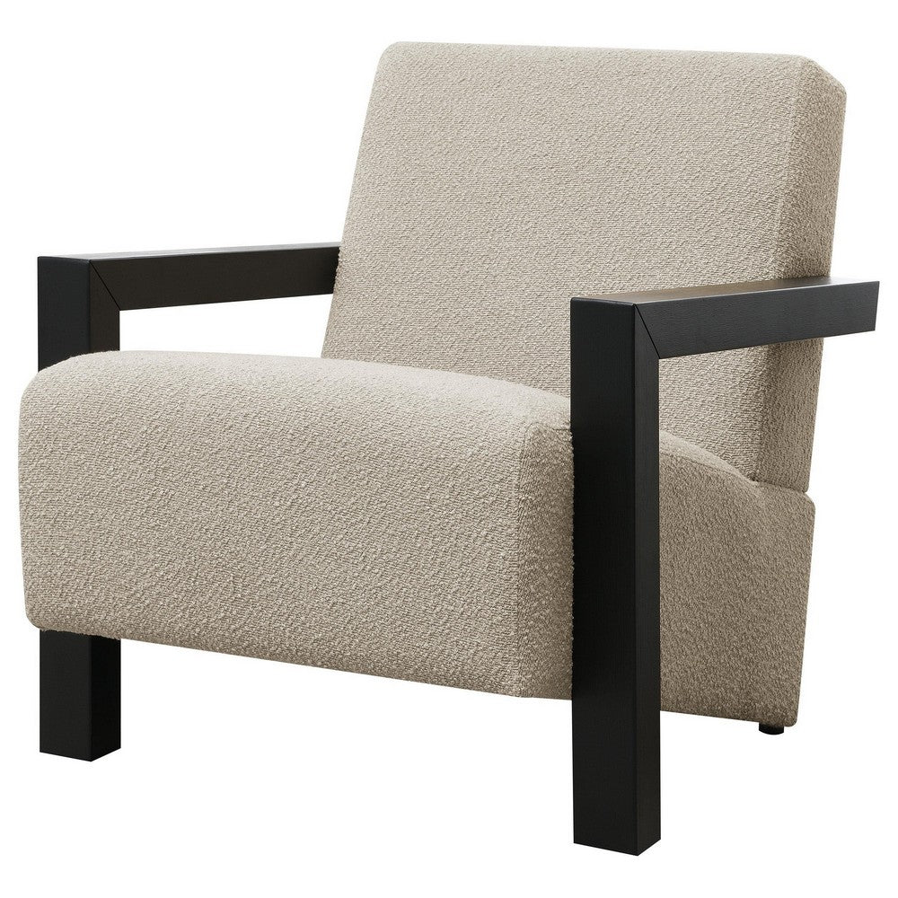 Benjara Fitz Accent Chair, Soft Latte Beige Boucle Cushions, Black Wood Arms