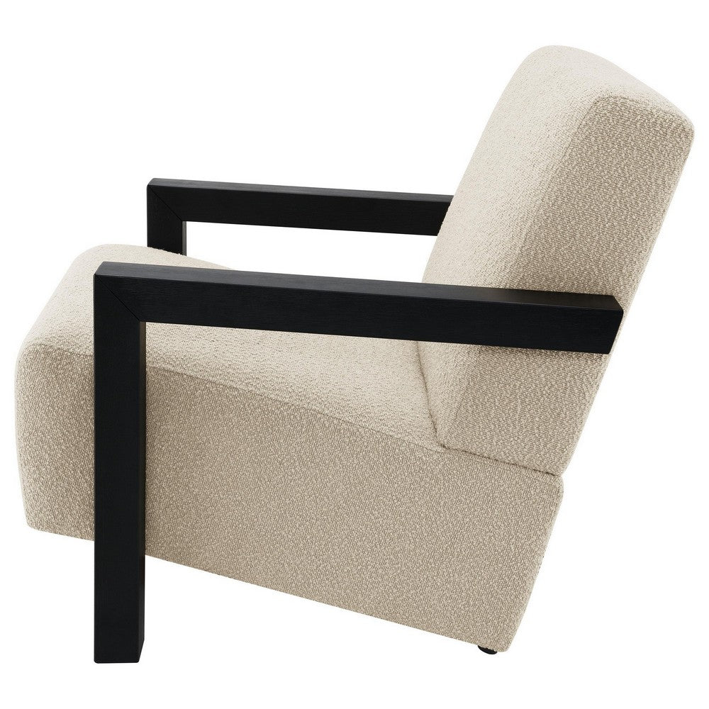 Benjara Fitz Accent Chair, Soft Latte Beige Boucle Cushions, Black Wood Arms