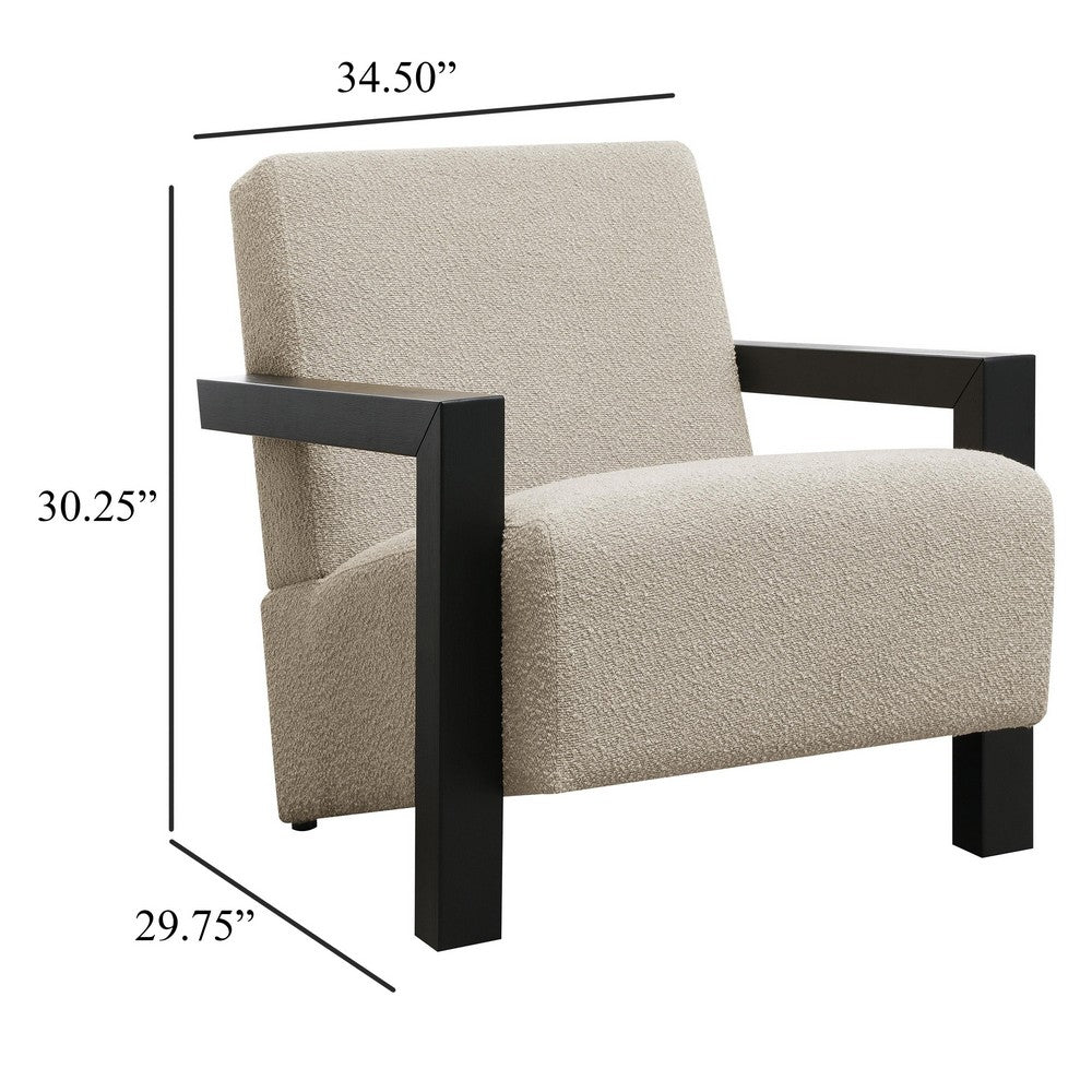 Benjara Fitz Accent Chair, Soft Latte Beige Boucle Cushions, Black Wood Arms