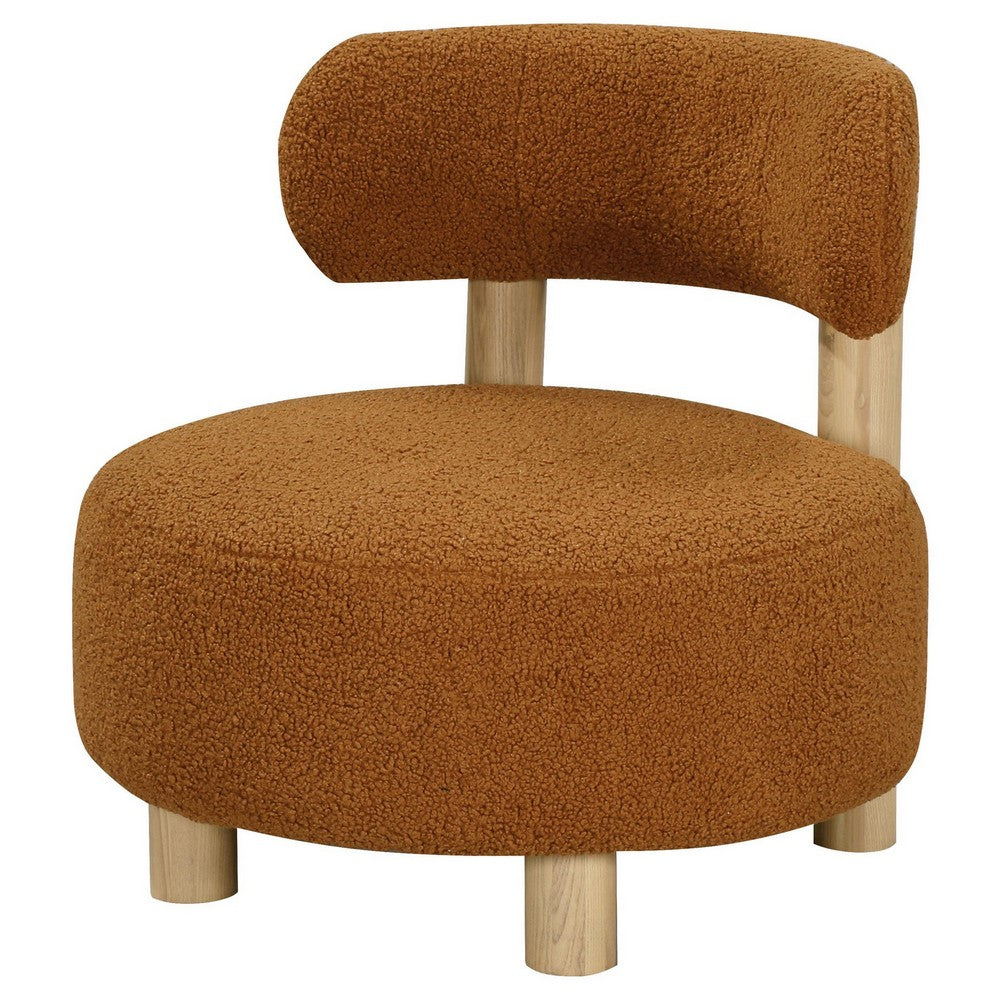 Benjara Zona Accent Chair, Barrel Back, Orange Boucle Fabric And Brown Wood
