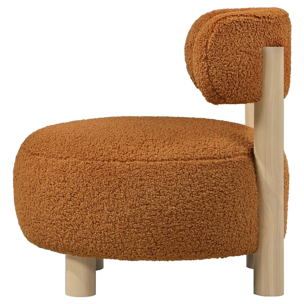 Benjara Zona Accent Chair, Barrel Back, Orange Boucle Fabric And Brown Wood
