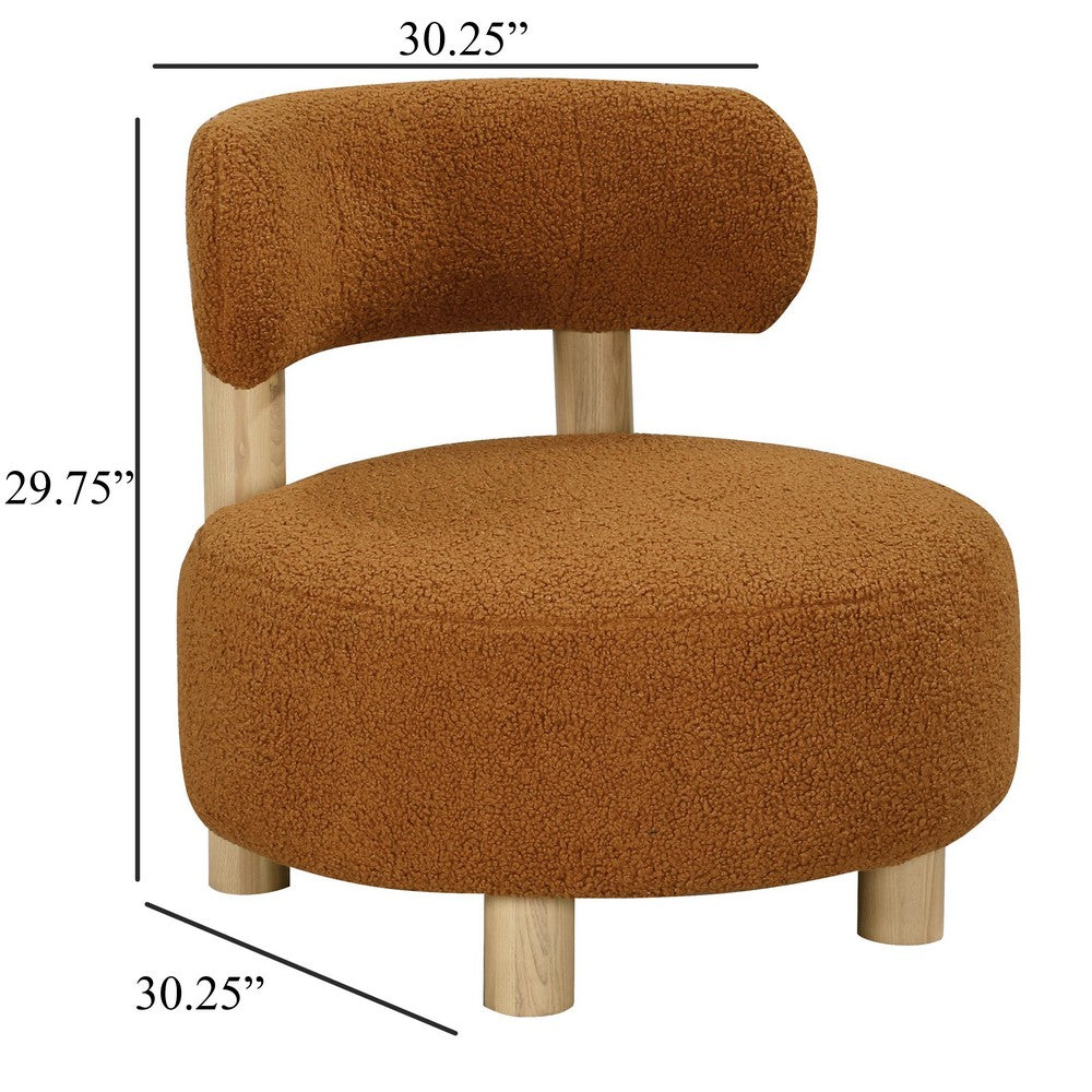 Benjara Zona Accent Chair, Barrel Back, Orange Boucle Fabric And Brown Wood