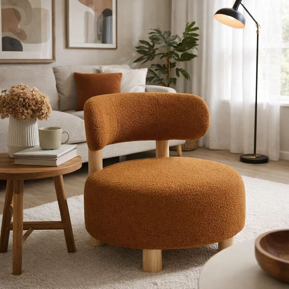 Benjara Zona Accent Chair, Barrel Back, Orange Boucle Fabric And Brown Wood