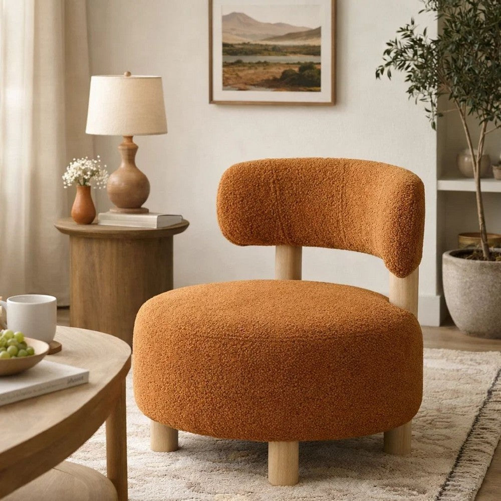 Benjara Zona Accent Chair, Barrel Back, Orange Boucle Fabric And Brown Wood