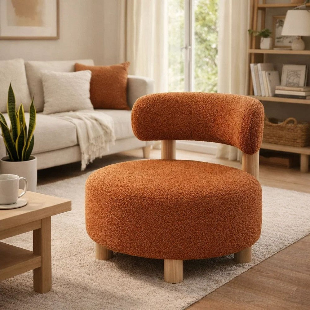 Benjara Zona Accent Chair, Barrel Back, Orange Boucle Fabric And Brown Wood