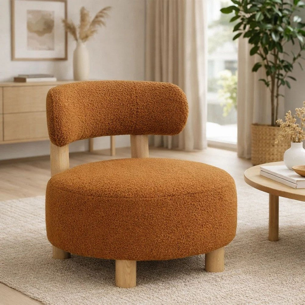 Benjara Zona Accent Chair, Barrel Back, Orange Boucle Fabric And Brown Wood