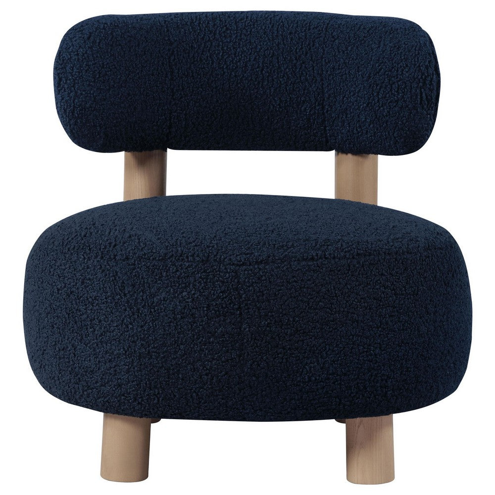 Benjara Zona Accent Chair, Barrel Back, Navy Blue Boucle Fabric And Brown Wood
