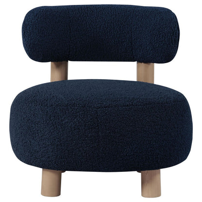 Benjara Zona Accent Chair, Barrel Back, Navy Blue Boucle Fabric And Brown Wood