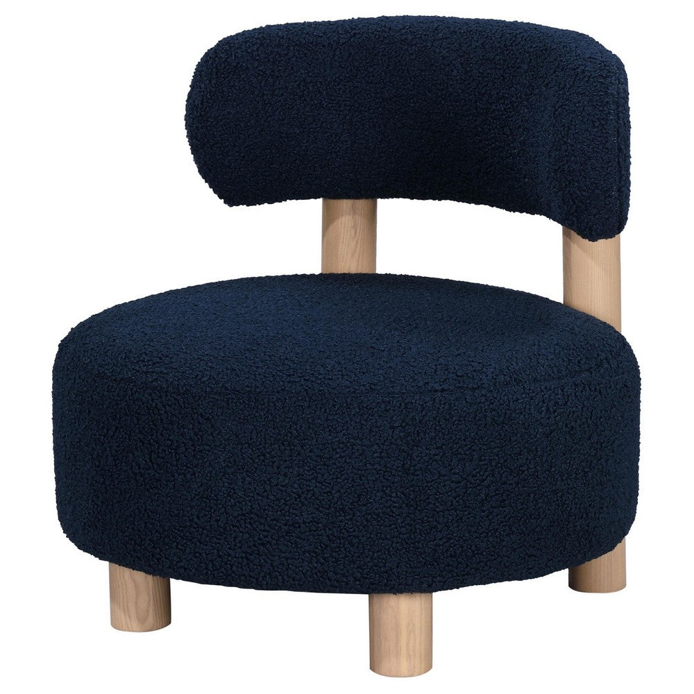 Benjara Zona Accent Chair, Barrel Back, Navy Blue Boucle Fabric And Brown Wood