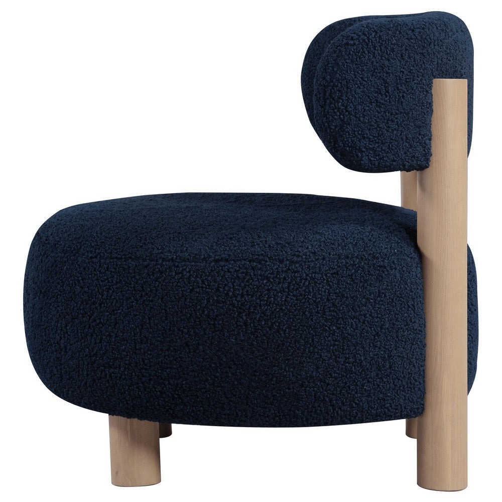 Benjara Zona Accent Chair, Barrel Back, Navy Blue Boucle Fabric And Brown Wood