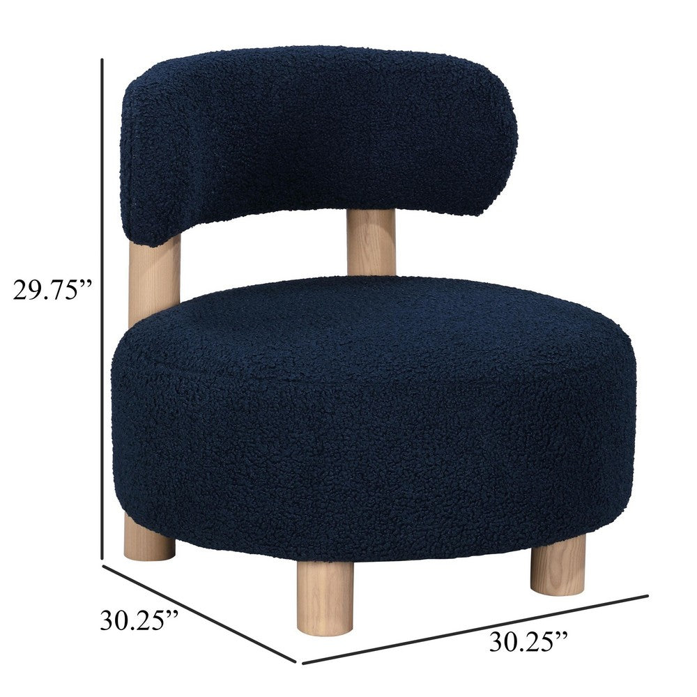 Benjara Zona Accent Chair, Barrel Back, Navy Blue Boucle Fabric And Brown Wood