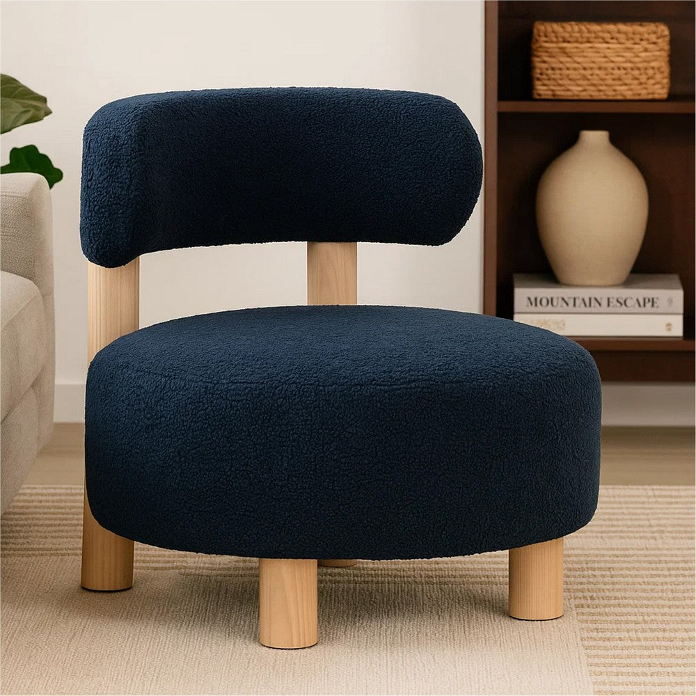 Benjara Zona Accent Chair, Barrel Back, Navy Blue Boucle Fabric And Brown Wood