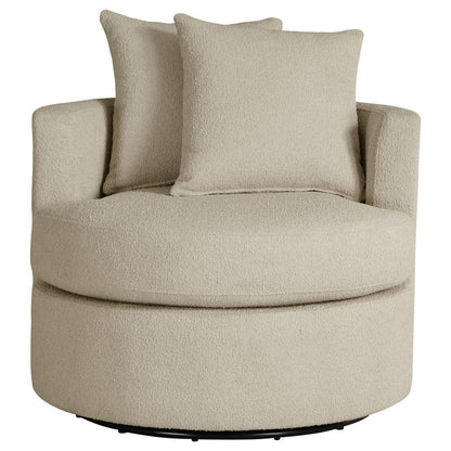 Benjara Catlyn Swivel Accent Chair, Camel Brown Fabric, 2 Accent Pillows