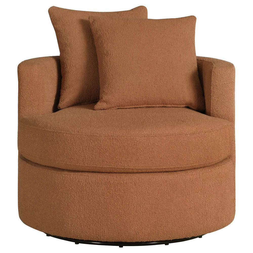 Benjara Catlyn Swivel Accent Chair, Burnt Orange Fabric, 2 Accent Pillows