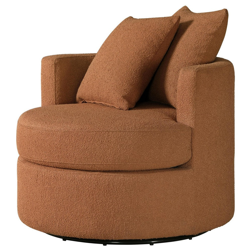 Benjara Catlyn Swivel Accent Chair, Burnt Orange Fabric, 2 Accent Pillows