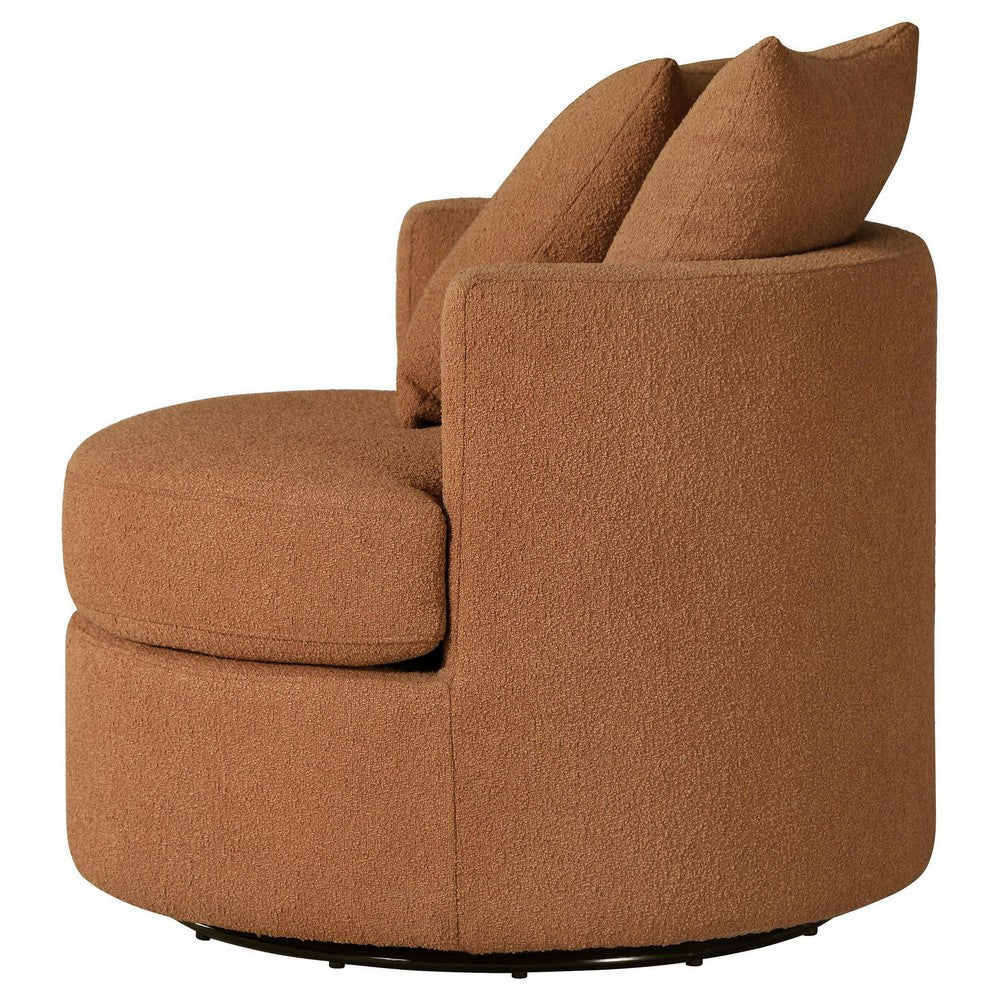 Benjara Catlyn Swivel Accent Chair, Burnt Orange Fabric, 2 Accent Pillows