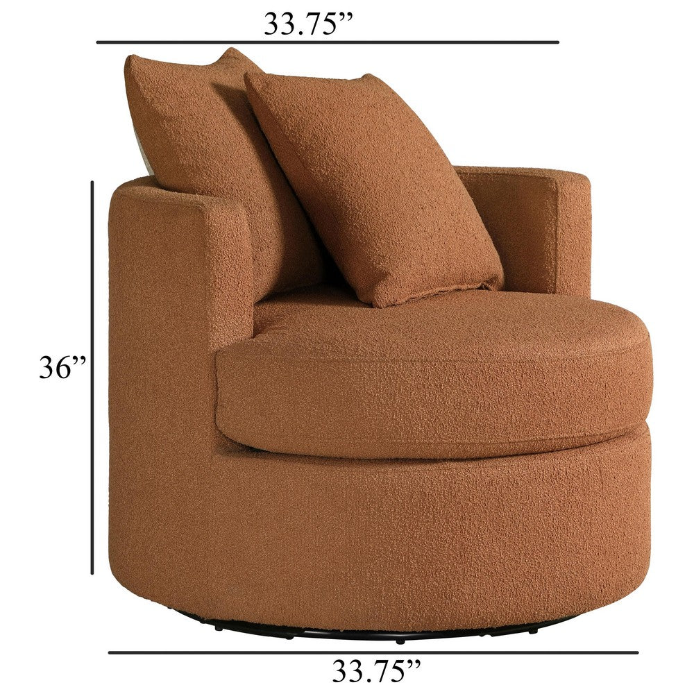 Benjara Catlyn Swivel Accent Chair, Burnt Orange Fabric, 2 Accent Pillows