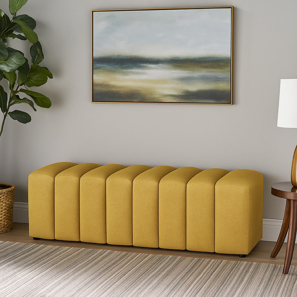 Benjara Sanna Accent Bench, Modern Channel Tufted Yellow Fabric, 54 Inch