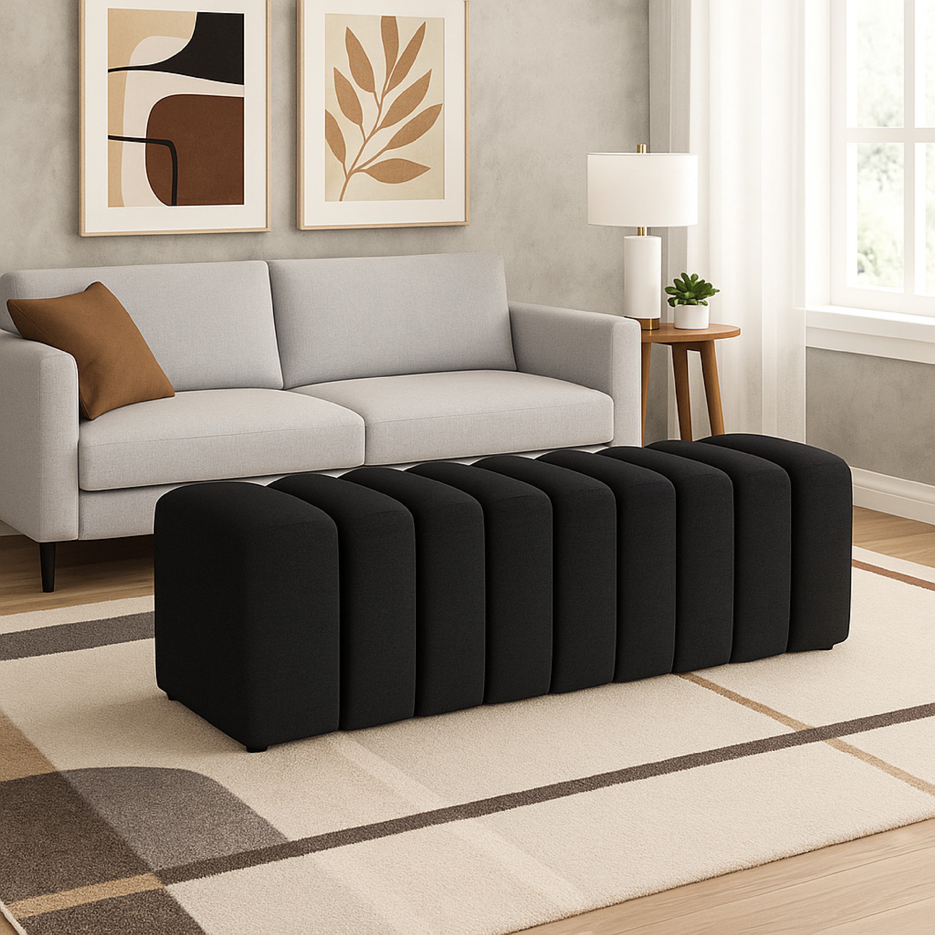 Benjara Sanna Accent Bench, Modern Channel Tufted Charcoal Black, 54 Inch