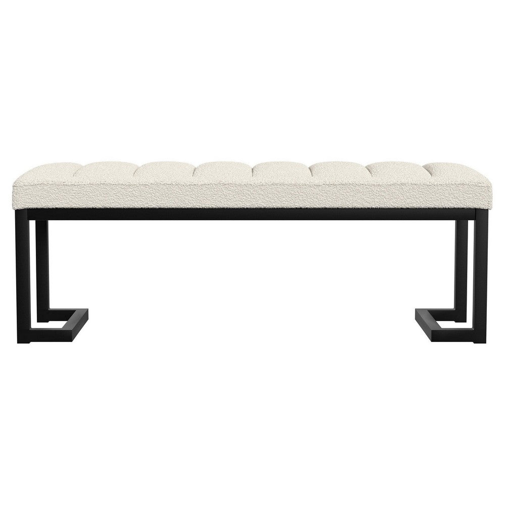 Benjara Mezza Accent Bench, Tufted Ivory Boucle Fabric, Black Metal, 48 Inch