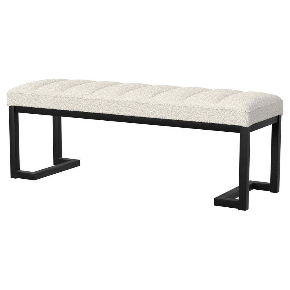 Benjara Mezza Accent Bench, Tufted Ivory Boucle Fabric, Black Metal, 48 Inch