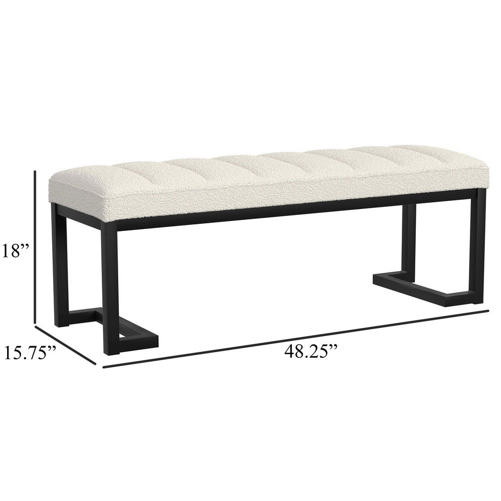 Benjara Mezza Accent Bench, Tufted Ivory Boucle Fabric, Black Metal, 48 Inch