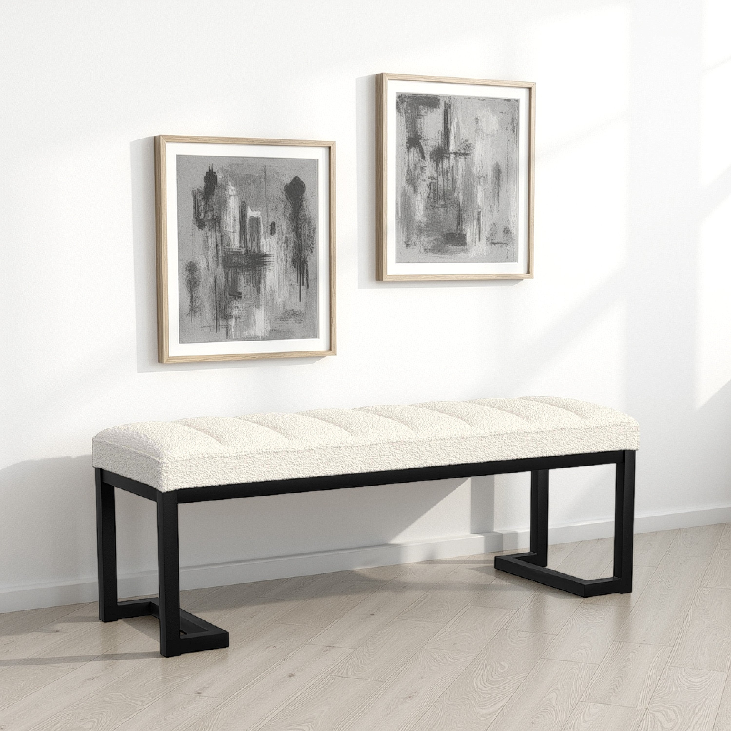 Benjara Mezza Accent Bench, Tufted Ivory Boucle Fabric, Black Metal, 48 Inch