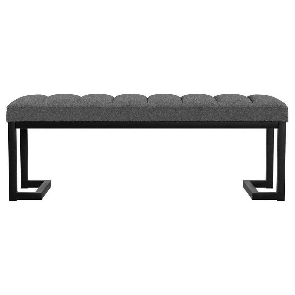 Benjara Mezza Accent Bench, Tufted Gray Boucle Fabric, Black Metal, 48 Inch