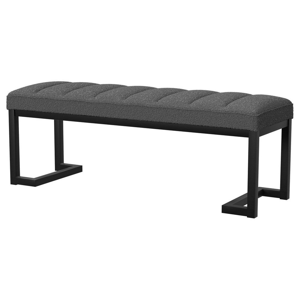 Benjara Mezza Accent Bench, Tufted Gray Boucle Fabric, Black Metal, 48 Inch