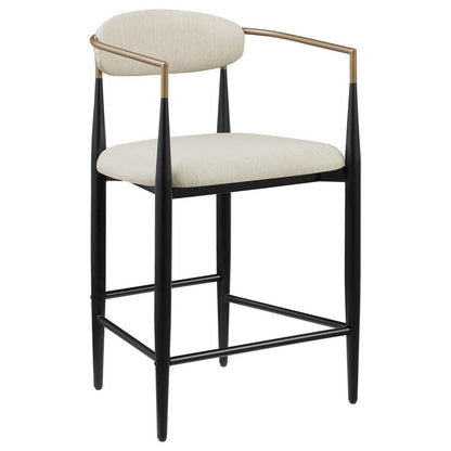 Benjara Tiara Counter Height Chair Set of 2, Beige Fabric, Black Metal 25 Inch