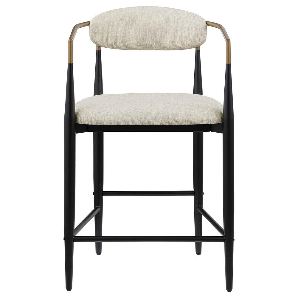Benjara Tiara Counter Height Chair Set of 2, Beige Fabric, Black Metal 25 Inch