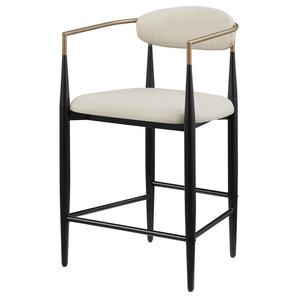 Benjara Tiara Counter Height Chair Set of 2, Beige Fabric, Black Metal 25 Inch