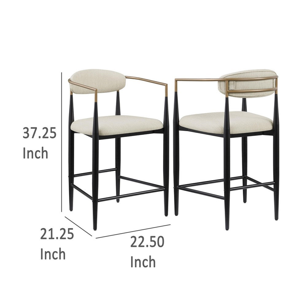 Benjara Tiara Counter Height Chair Set of 2, Beige Fabric, Black Metal 25 Inch