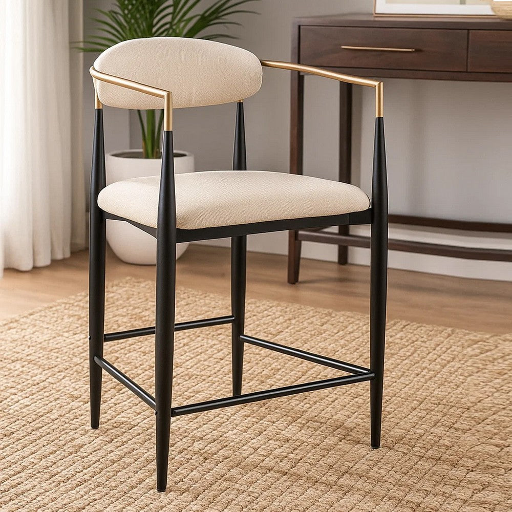 Benjara Tiara Counter Height Chair Set of 2, Beige Fabric, Black Metal 25 Inch