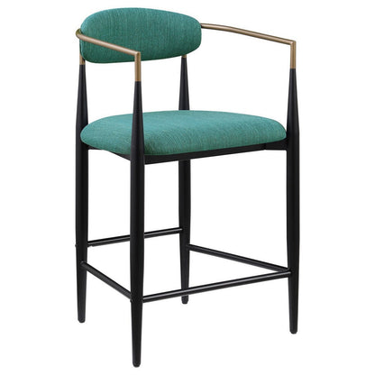Benjara Tiara Counter Height Chair Set of 2, Teal Green, Black Metal 25 Inch