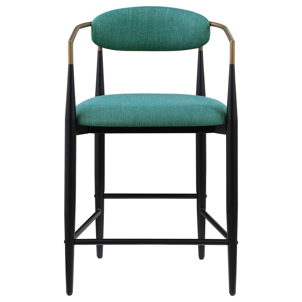 Benjara Tiara Counter Height Chair Set of 2, Teal Green, Black Metal 25 Inch