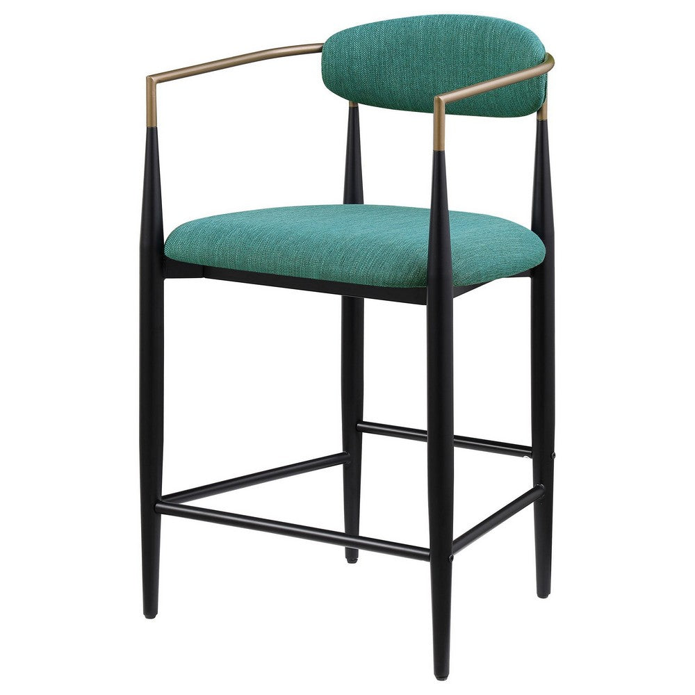 Benjara Tiara Counter Height Chair Set of 2, Teal Green, Black Metal 25 Inch