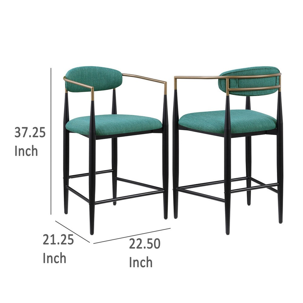 Benjara Tiara Counter Height Chair Set of 2, Teal Green, Black Metal 25 Inch