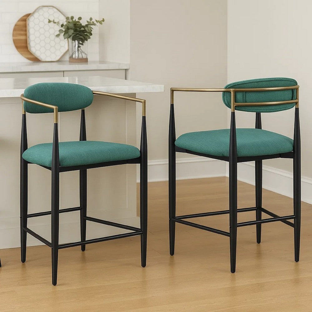 Benjara Tiara Counter Height Chair Set of 2, Teal Green, Black Metal 25 Inch