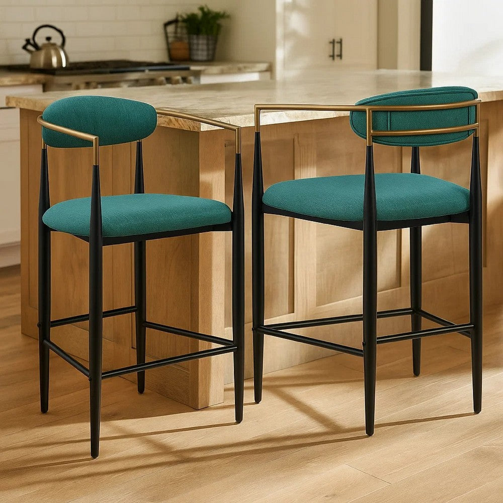 Benjara Tiara Counter Height Chair Set of 2, Teal Green, Black Metal 25 Inch