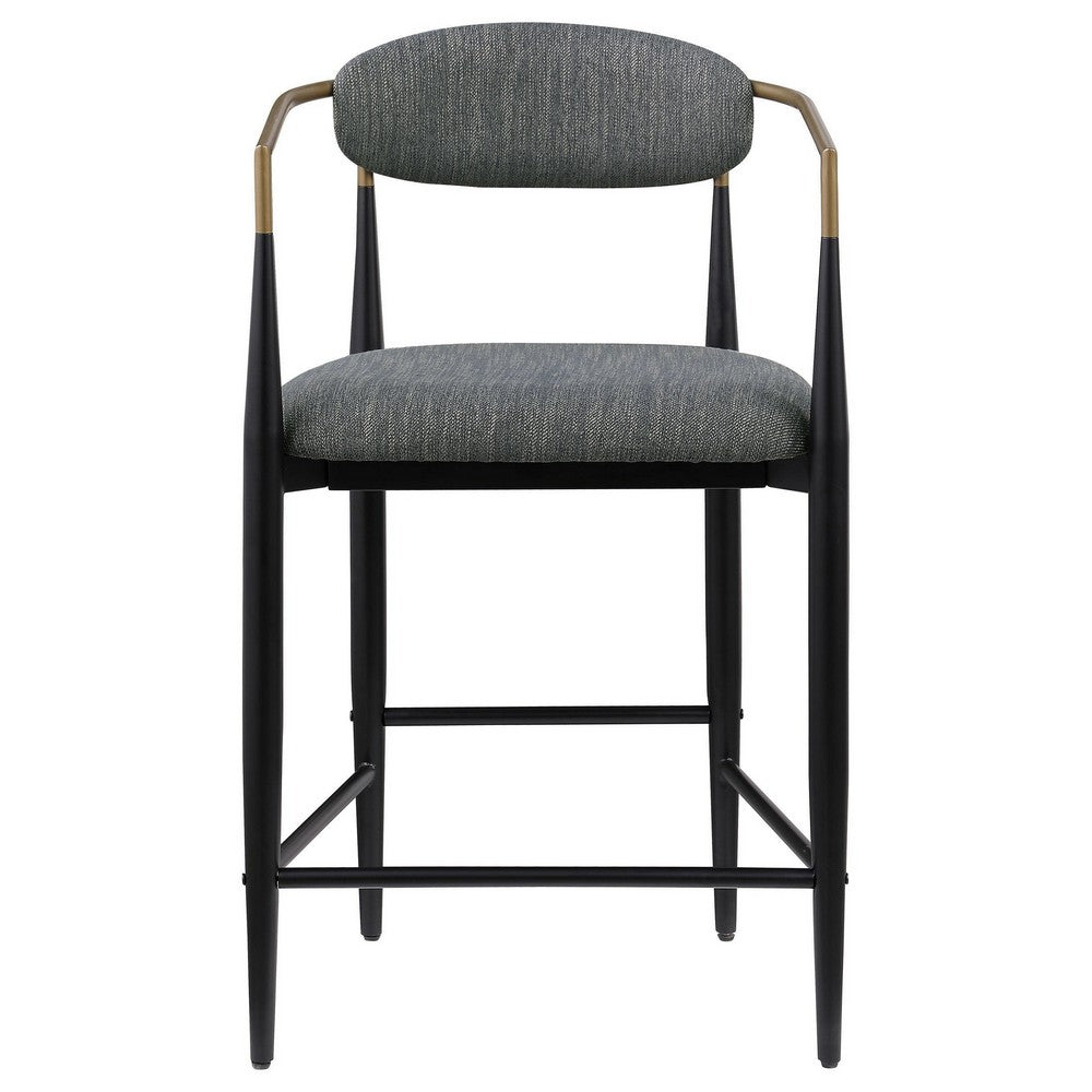 Benjara Tiara Counter Chair Set of 2, Gray Fabric, Gold, Black Metal 25 Inch