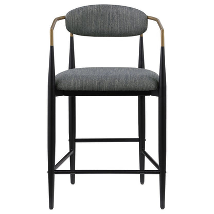 Benjara Tiara Counter Chair Set of 2, Gray Fabric, Gold, Black Metal 25 Inch