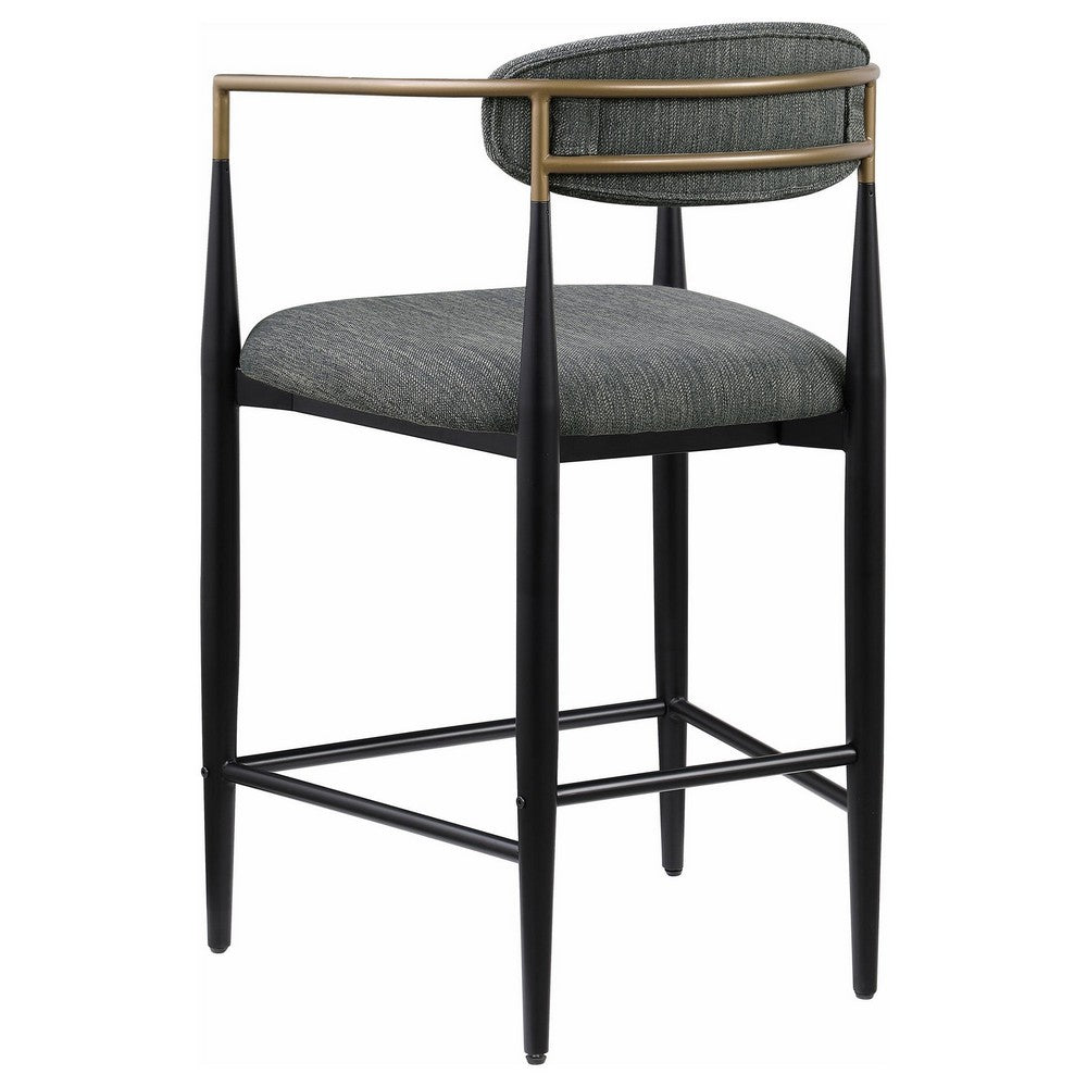 Benjara Tiara Counter Chair Set of 2, Gray Fabric, Gold, Black Metal 25 Inch
